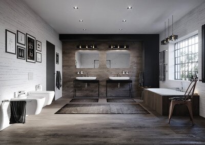 Großes Badezimmer mit vielen Holzelementen