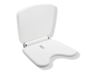 HEWI Klappsitz Komfort White Edition der Serie 802 LifeSystem, Sitzfläche und Rückenlehne aus PUR, Sitzfläche 444 mm breit, 380 mm tief, Gelenk aus Aluminium weiß pulverbeschichtet mit verchromten Designelementen