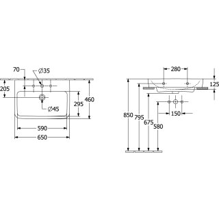 Villeroy & Boch 4A41KLT2 WT O.novo 650x460mm Eckig 1HL. o. ÜL.