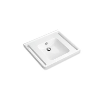 HEWI washbasin, splashback, wo tap hole w/ overflow, angular bowl, 650x550mm