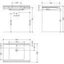 HEWI S-shaped washbasin, modular, with overflow, width 850 mm, depth 550 mm, without tap hole