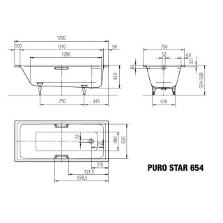 KALDEWEI 255400011001 BW PURO STAR Mod.654, 1700 x 750,