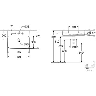 Villeroy & Boch 416864R7 WT Finion 416864 600x470mm rectangulaire à angles arrondis
